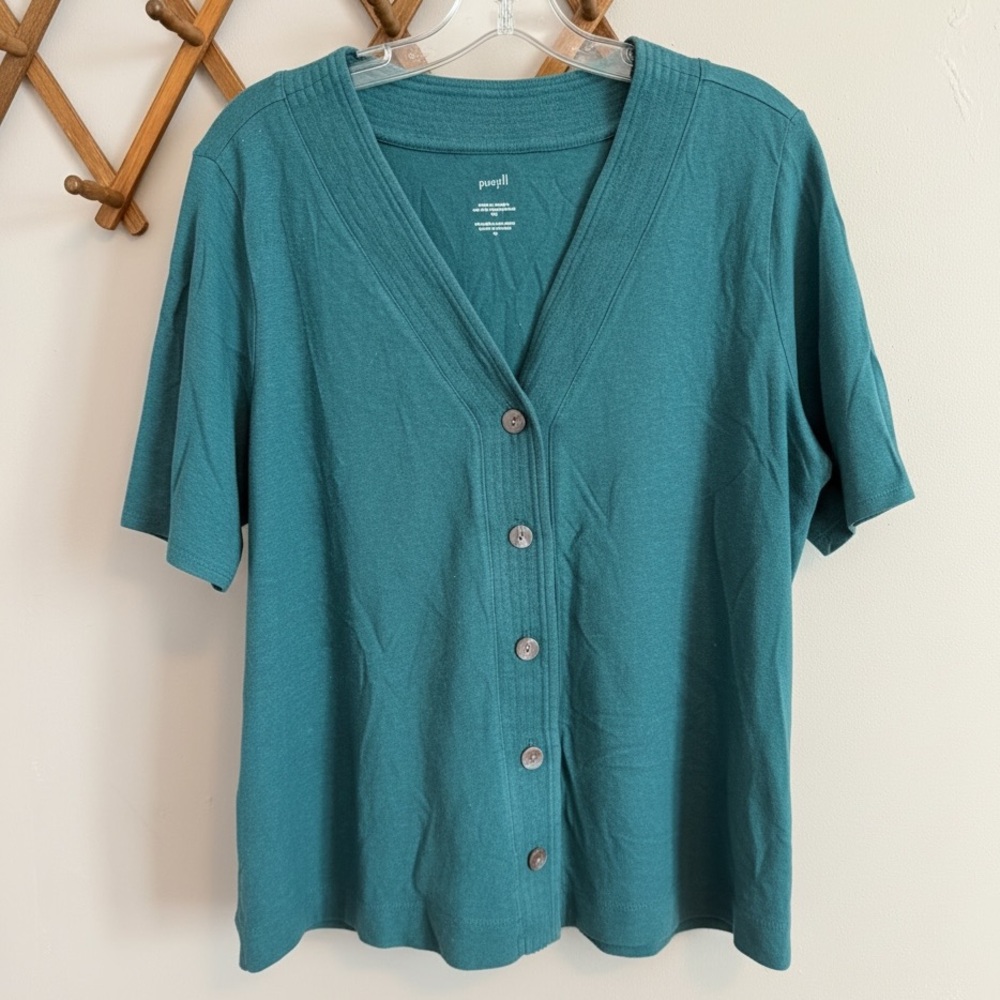 Pure Jill Hemp Cotton Button Front Top Teal XL